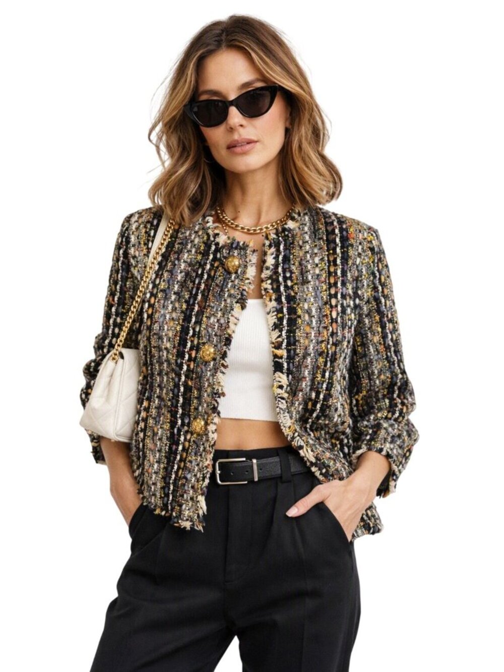 Cabi Cropped Channel Like Tweed Jacket Gold Buttons M Money Classic Office City